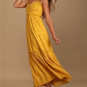 Lulus Charm and Charisma Mustard Yellow Burnout Floral Midi Dress